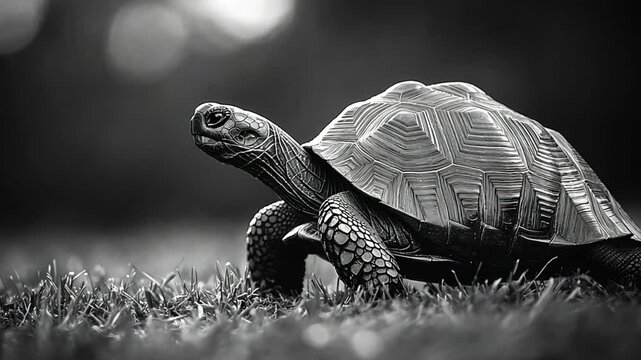 A close-up of a tortoise on grass in black and white, showcasing its intricate shell patterns footage