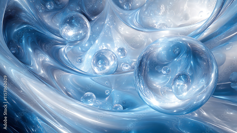Poster luminous blue abstract design featuring swirling shapes and bubbles, creating sense of depth and flu