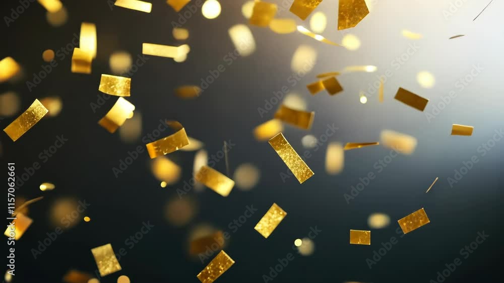 Poster dynamic close-up of falling golden confetti against a soft focus background