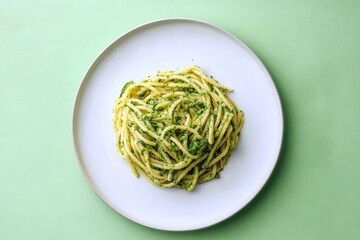 An artistic presentation of green herb linguine on a soft background.