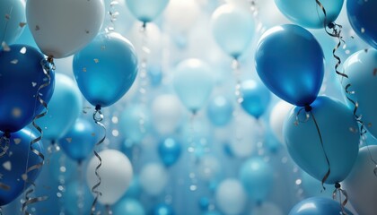 Elegant party scene filled with cascading blue, white balloons. Soft lighting creates dreamy atmosphere. Silver streamers, confetti add sparkle to festive decoration. Celebration event. Birthday