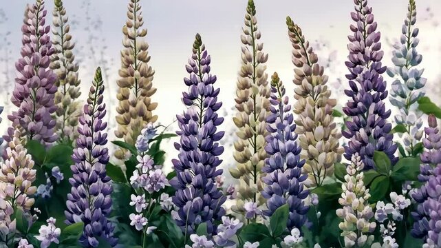 Colorful lupine flowers bloom in a serene garden at dawn showcasing a range of purple and white hues