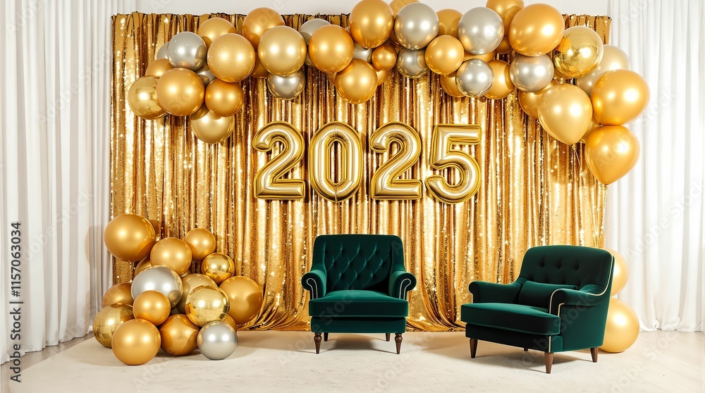 Poster green armchair in front of a golden backdrop adorned with numerous balloons, with the number \