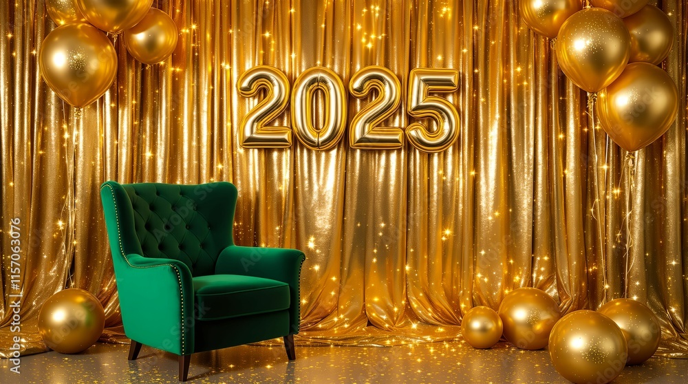 Poster green armchair in front of a golden backdrop adorned with numerous balloons, with the number \