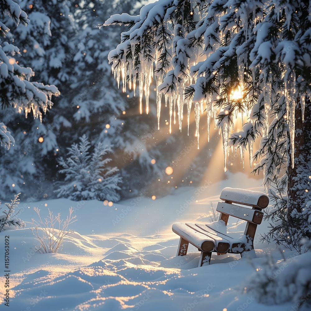 Aufkleber winter scene featuring a snowy forest with icicles hanging from the trees and a wooden bench covered