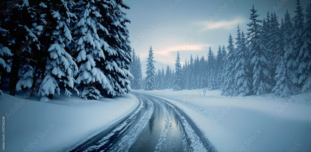 Poster snowy landscape with a winding road covered in tire tracks, surrounded by tall evergreen trees. the 