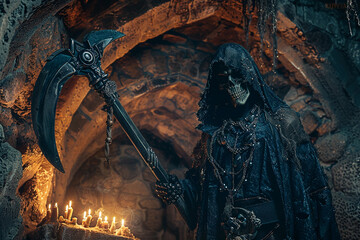 Scary grim reaper with sharp scythe in hell with dark dramatic color, abstract vivid composition consists of fictional unreal fantastic vision on background
