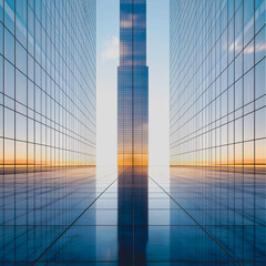 A tall building with a glass facade and a reflection of the sky in the glass. The sky is orange and the reflection is blue