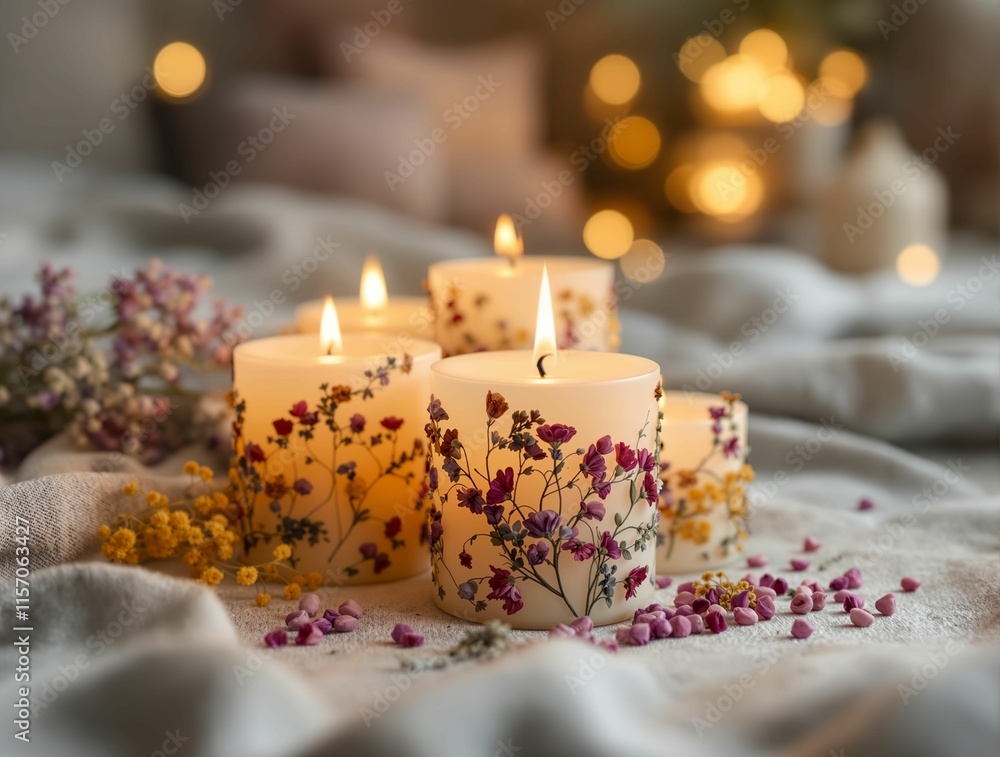 Poster cozy scene with lit candles surrounded by dried flowers and a blanket. The candles are placed on a surface, and the background features a warm, bokeh effect with soft lighting.