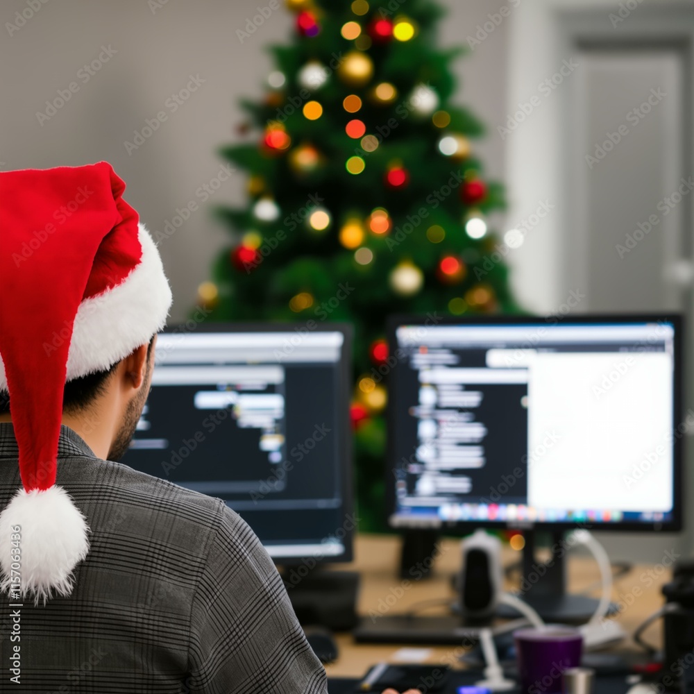Poster person wearing a santa hat in front of a christmas tree and multiple computer screens. they are like