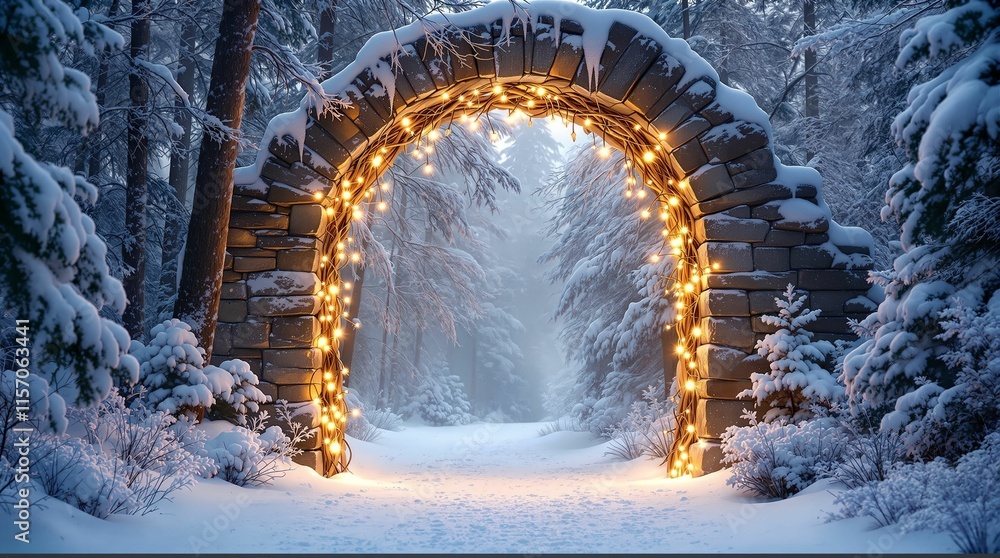 Poster stone archway adorned with colorful lights, set against a winter backdrop with snow-covered trees and a snowy path. The scene is illuminated by the warm glow of the lights, creating a cozy and festive