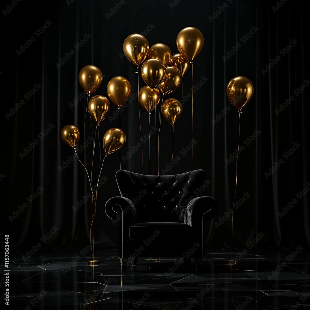 Poster the image shows a black armchair with gold balloons floating around it, against a dark background wi