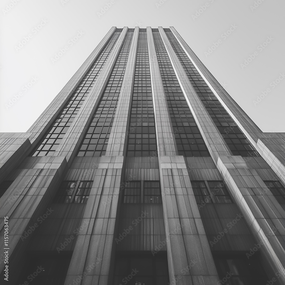 Poster a tall building with many windows and a gray color. the building is very tall and has a lot of windo