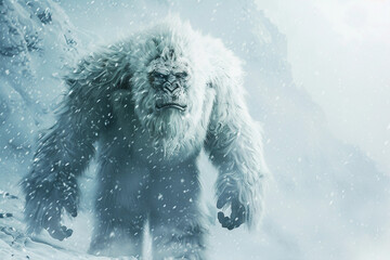 Huge fantasy hairy yeti character in beautiful outdoor nature color, abstract vivid composition consists of fictional unreal fantastic vision on background
