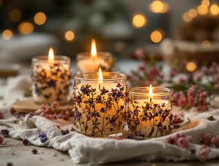 cozy setting with four candles placed in mason jars, decorated with dried flowers, sitting on a table with a white cloth and colorful flowers. The background features a blurred festive ambiance with b