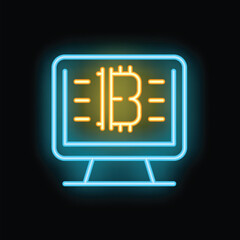 Neon sign depicting a computer screen displaying the bitcoin cryptocurrency logo, symbolizing online trading and investment