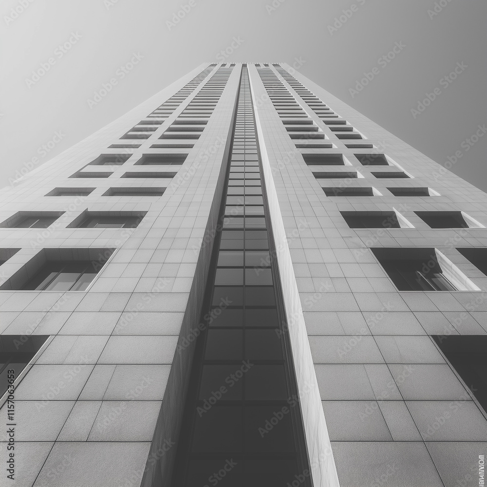 Poster a tall building with many windows and a glass window. the building is very tall and has a lot of win