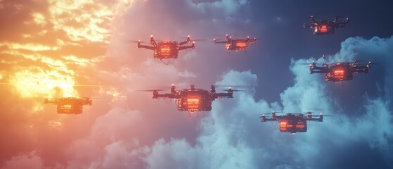 Floating cloud server surrounded by AIdriven drones for security monitoring, cloud protection concept
