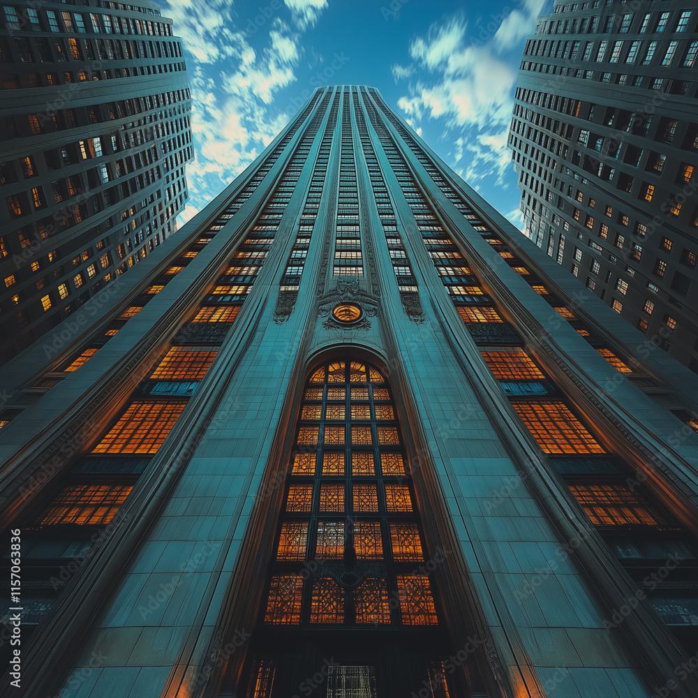 Poster a tall building with many windows and a large archway. the building is lit up at night, creating a s