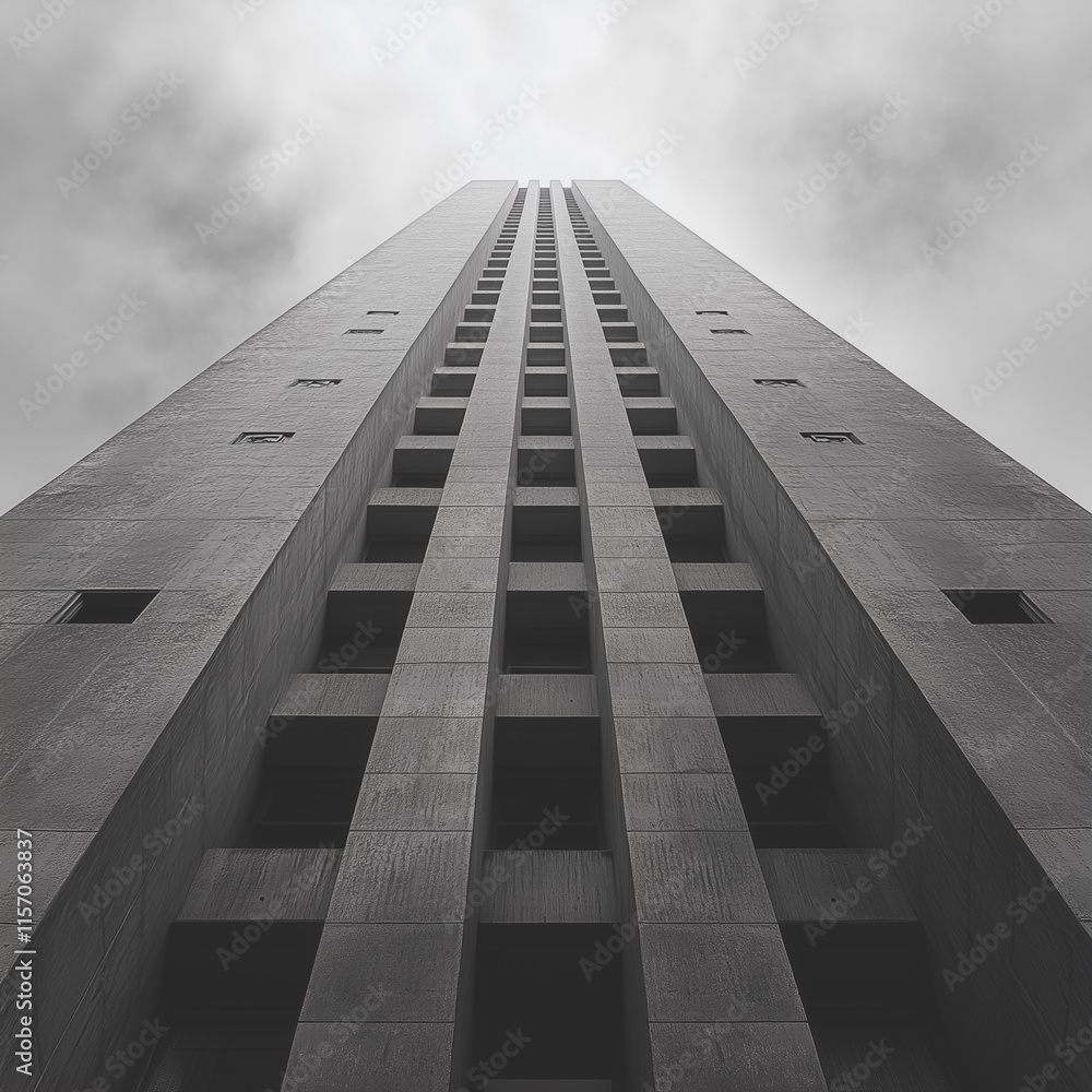 Poster a tall building with many windows and a gray sky in the background
