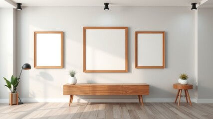 Modern minimalist living room interior with wooden media console and empty frames