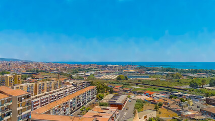 Catania, Sicily, Italy. Watercolor illustration. The territory of the industrial zone and the port of Catania, Aerial View