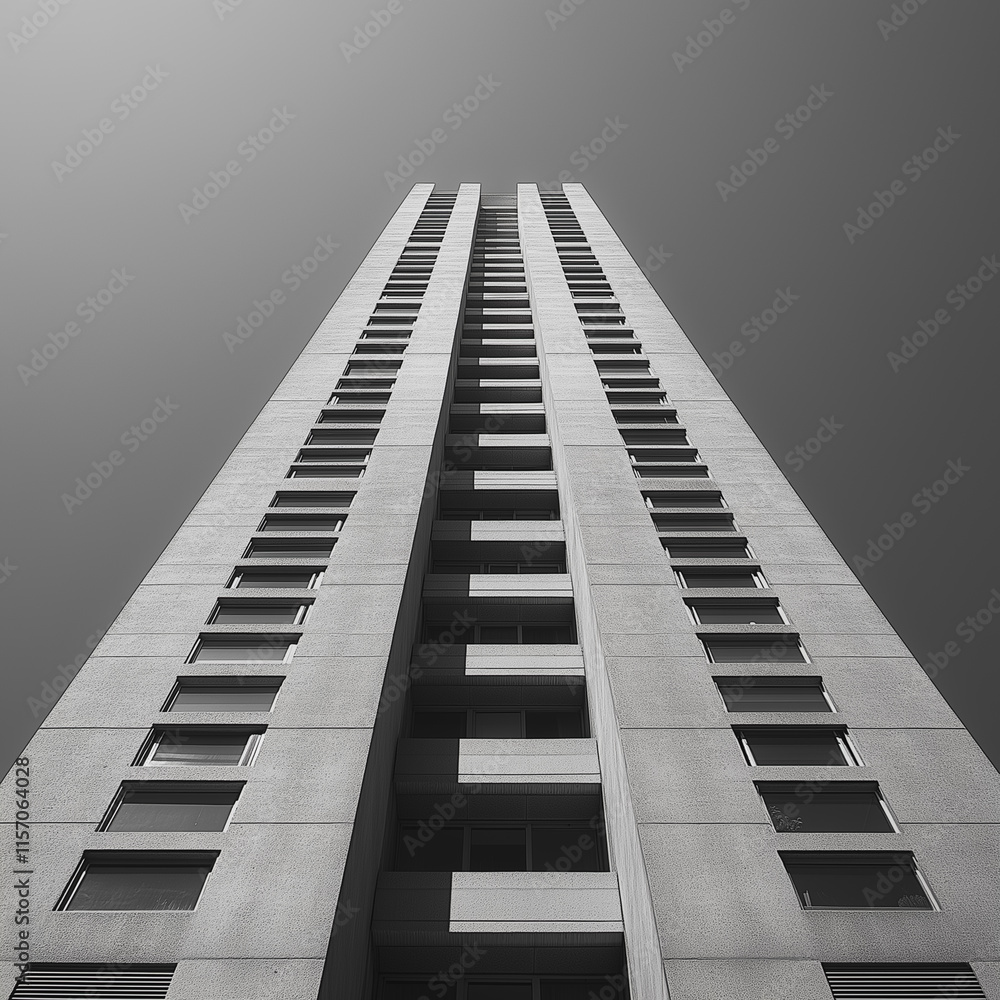 Poster a tall building with many windows and a gray sky in the background