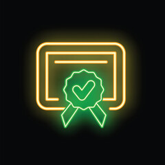 Neon sign of a certificate with a green approved check mark symbol and a green ribbon