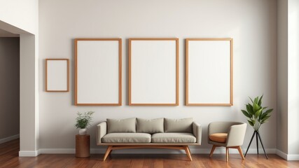 Modern minimalist living room interior with empty frames and neutral toned furniture