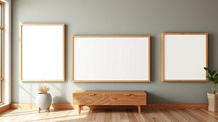 Modern minimalist interior design featuring three blank wood framed canvases above a light wood media console