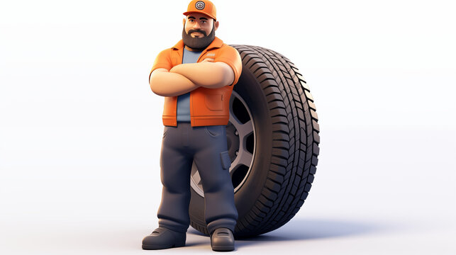 Animated Character of a Bearded Technician with a Tire Backdrop