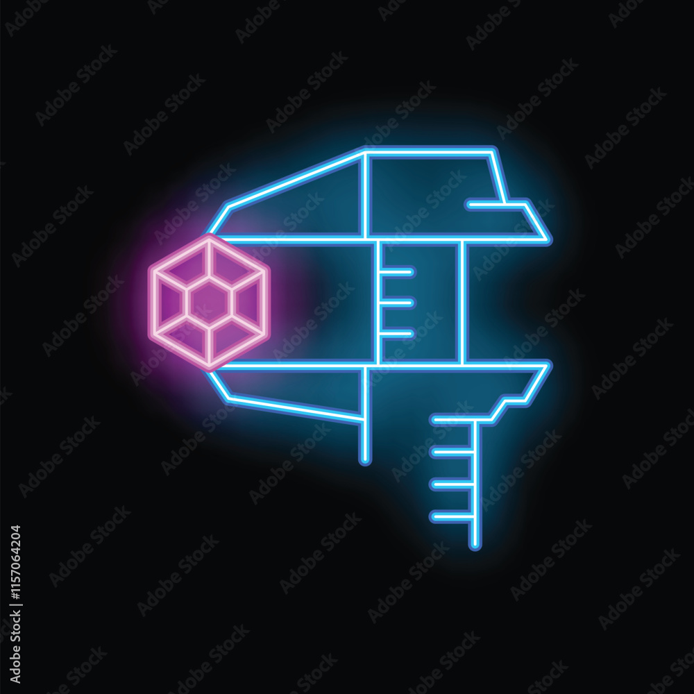 Poster neon caliper measuring a geometric shape representing concept of engineering, precision, and technic