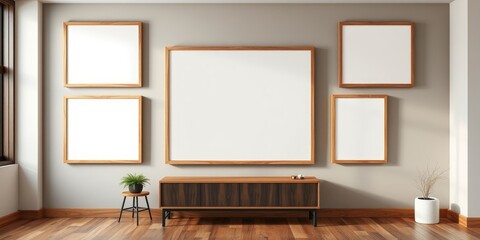Modern Minimalist Gallery Wall with Blank Frames and Mid-Century Modern Cabinet