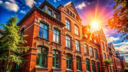Fototapeta premium Sunlit Red Brick Duplex Building - Charming Architectural Detail Stock Photo