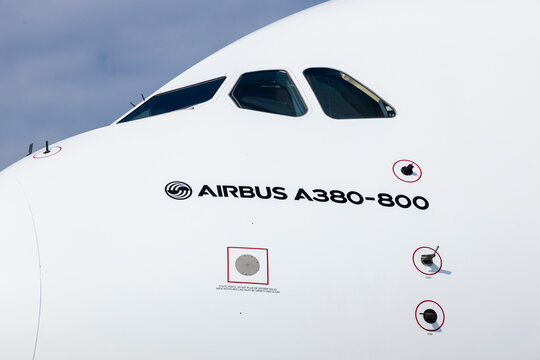 Berlin, Germany - June 6 2024: Airbus A380 widebody airliner. Closeup of nose section with cockpit window.