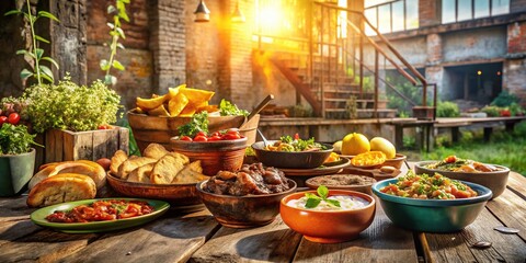 Fototapeta premium Sunny Day Barbecue Feast: Grilled Meats, Chips, Salsa & Urban Exploration Vibes