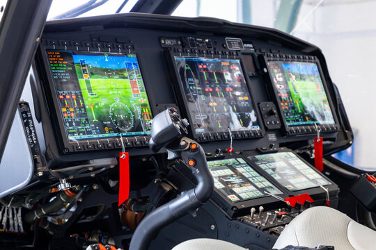 Cockpit and Joystick of a modern Leonardo AW169 military transport helicopter