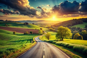 Obraz premium Sunny Spring Road Panorama: Vintage Style Landscape Photography