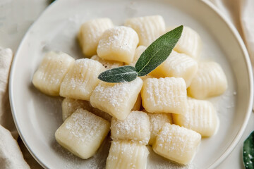 A plate of lightly powdered potato gnocchi embellished with sage leaves.