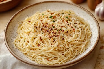 Classic spaghetti topped with cheese and herbs, ready to savor in style.