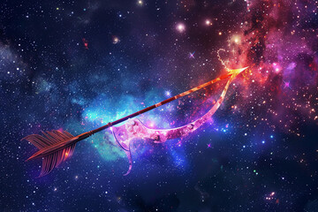 Astrological composition with concept of Sagittarius zodiac sign symbol, abstract vivid composition consists of fictional unreal fantastic vision on background