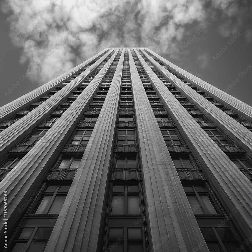 Poster a tall building with many windows and a cloudy sky in the background