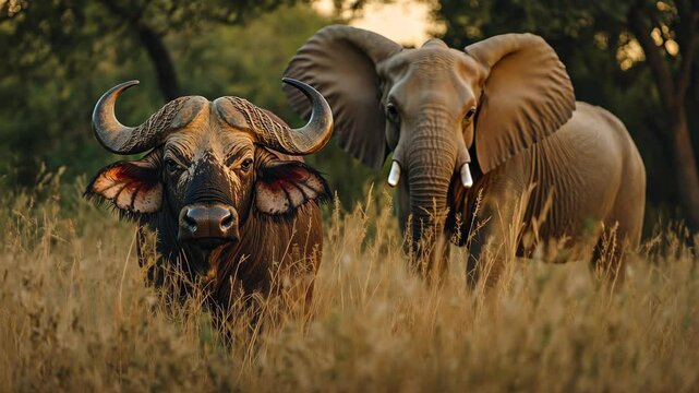Elephants and buffaloes coexist in golden grassland during sunset in the savannah