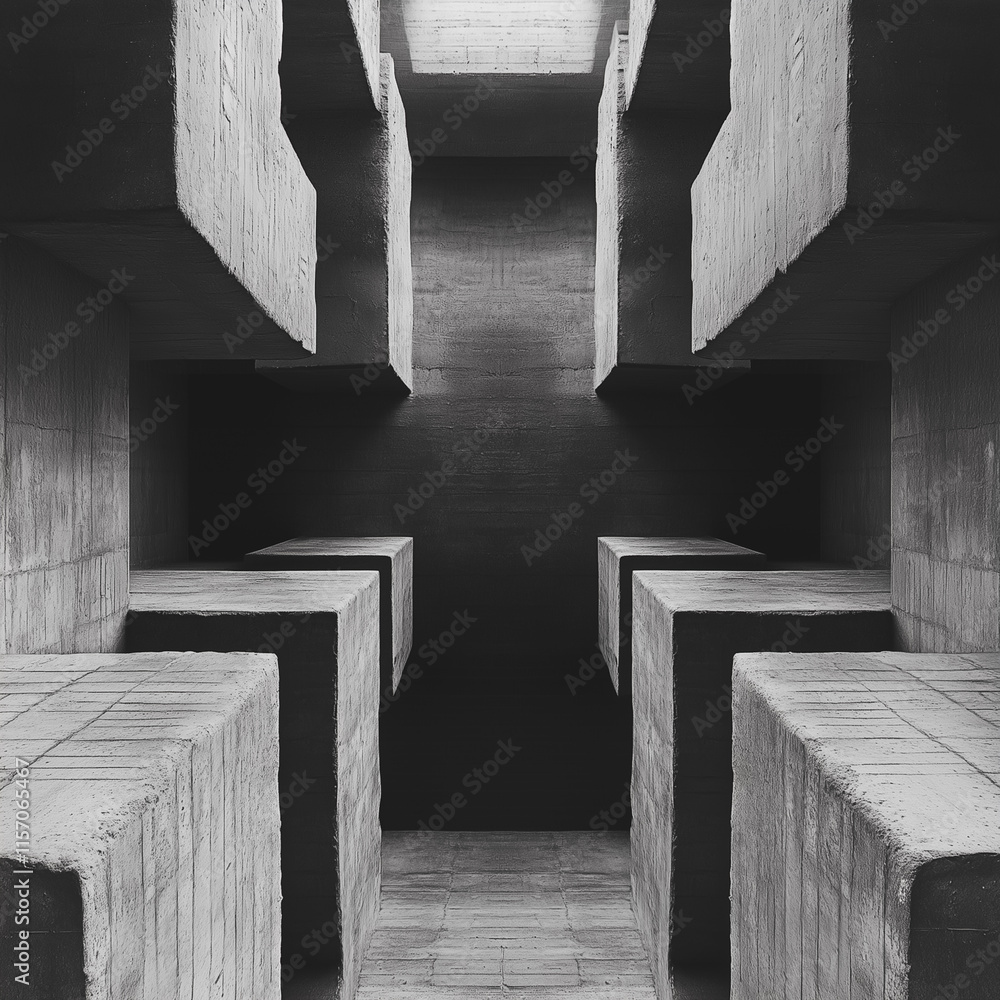 Poster the image is a black and white photo of a building with a cross-shaped design. the building is made 