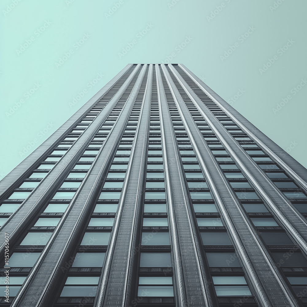 Poster a tall building with many windows and a gray color. the building is very tall and has a very modern 