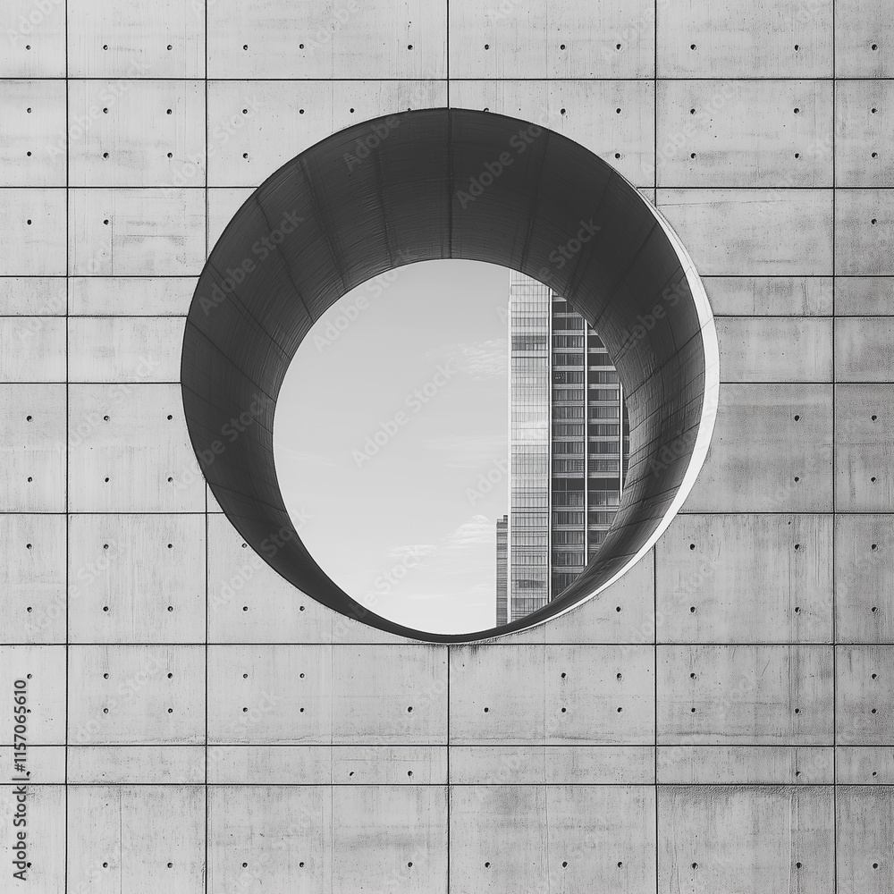 Poster a large building is reflected in a small circular window. the window is surrounded by concrete and h