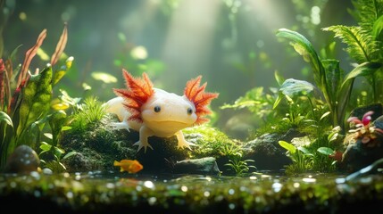 Close up of an axolotl swimming in a planted aquarium