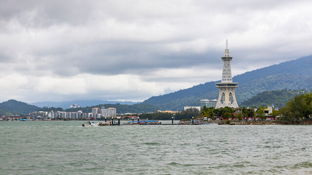 View of Kuah, Pulau Langkawi, Malaysia with the Maha tower landmark.