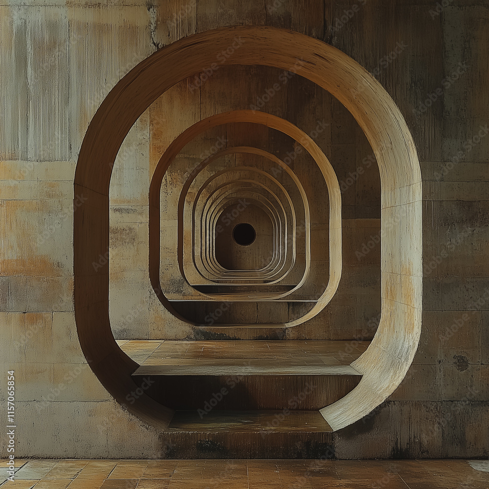 Aufkleber the image is of a long, narrow tunnel with a series of arched openings. the tunnel is made of stone 