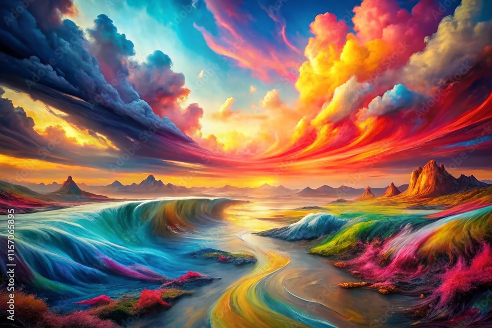 Poster surreal abstract painting exploding with color and imagination: creativity concept stock photo